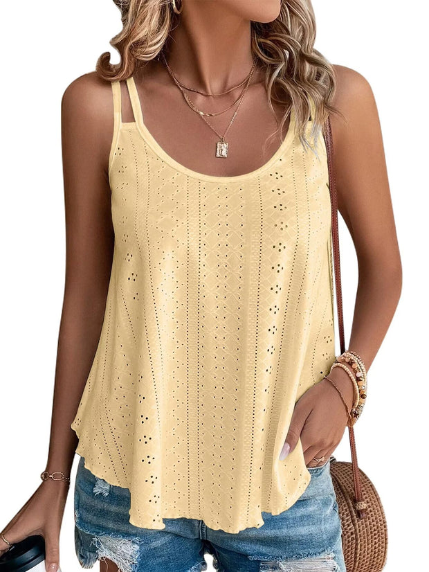 KKJ Womens Cute Tank Tops Eyelet Sleeveless Spaghetti Strap Scoop Neck Loose Casual 2025 Summer Beach Vacation Flowy Shirts