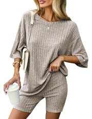 Ekouaer Pajamas 2 Piece Lounge Sets Ribbed Knit Matching Outfits T-shirt Biker Shorts Sleepwear Loungewear Sweatsuits