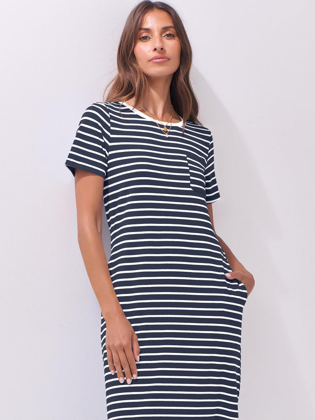 ANRABESS Womens Summer Casual Midi Dress Short Sleeve Crewneck T Shirt Long Dresses Split Stripe Beach Vacation Travel Outfit Small