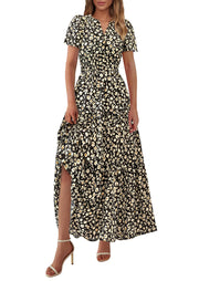 PRETTYGARDEN Women's 2025 Summer Boho Maxi Dresses Floral Short Sleeve V Neck A Line Tiered Flowy Long Beach Vacation Dress (White Pink Floral,Large)