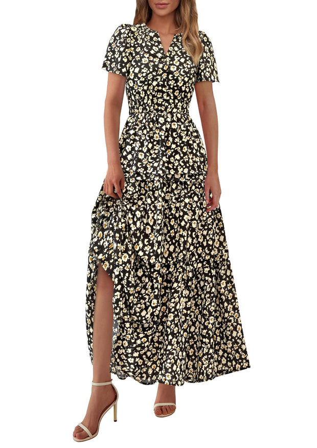 PRETTYGARDEN Women's 2025 Summer Boho Maxi Dresses Floral Short Sleeve V Neck A Line Tiered Flowy Long Beach Vacation Dress (White Pink Floral,Large)