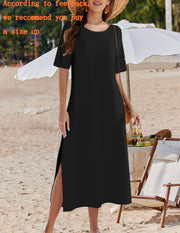 Zeagoo Women Long Sun Dress Summer T Shirt Dresses Beach Dress Casual Short Sleeve Tropical O Neck A Line Maxi Dresses Loose Side Slit Cover Up with Pockets 2025 Black XXL