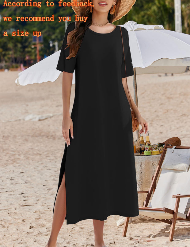 Zeagoo Women Long Sun Dress Summer T Shirt Dresses Beach Dress Casual Short Sleeve Tropical O Neck A Line Maxi Dresses Loose Side Slit Cover Up with Pockets 2025 Black XXL