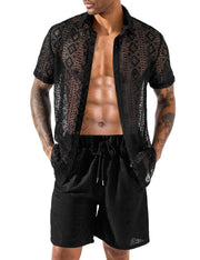 LecGee Men Summer Casual Short Sets Lace Short Sleeve Button Down Shirt Elastic Waist Shorts 2 Piece Outfits Tracksuit