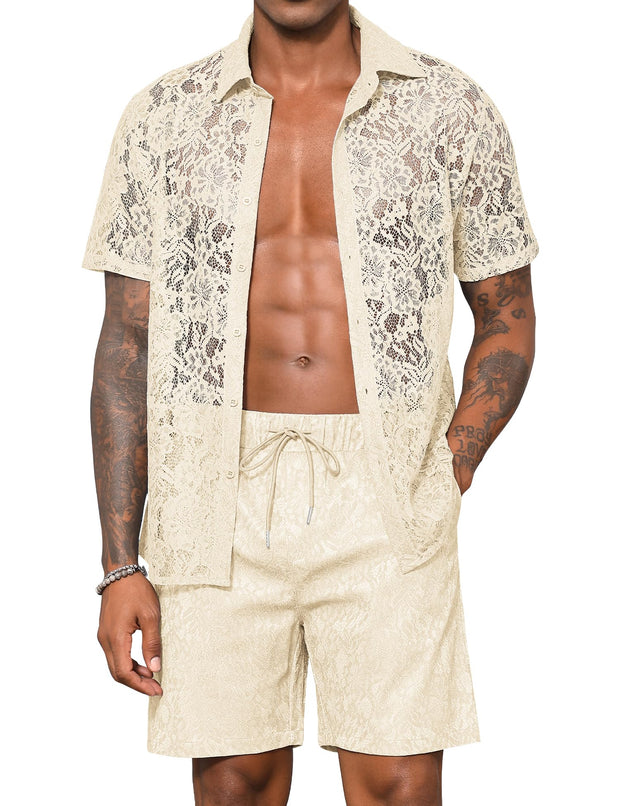 LecGee Men Summer Casual Short Sets Lace Short Sleeve Button Down Shirt Elastic Waist Shorts 2 Piece Outfits Tracksuit