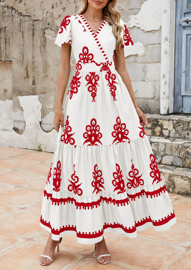 PRETTYGARDEN Womens 2025 Summer Casual V Neck Boho Maxi Dress Flowy Aline Bell Sleeve Tiered Floral Dresses with Pocket (Floral Apricot Black,X-Large)