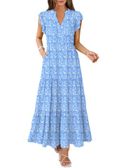 ANRABESS Womens Summer Casual Maxi Dress V Neck Ruffle Sleeve Long Dresses Fashion Flowy Tiered Boho Beach Vacation Sundress Black Large