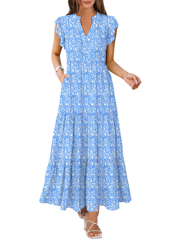 ANRABESS Womens Summer Casual Maxi Dress V Neck Ruffle Sleeve Long Dresses Fashion Flowy Tiered Boho Beach Vacation Sundress Black Large