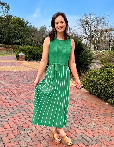 ZESICA Women's Summer Sleeveless Midi Dress 2025 Crewneck Ribbed Knit Tie Waist Casual A Line Swing Dresses