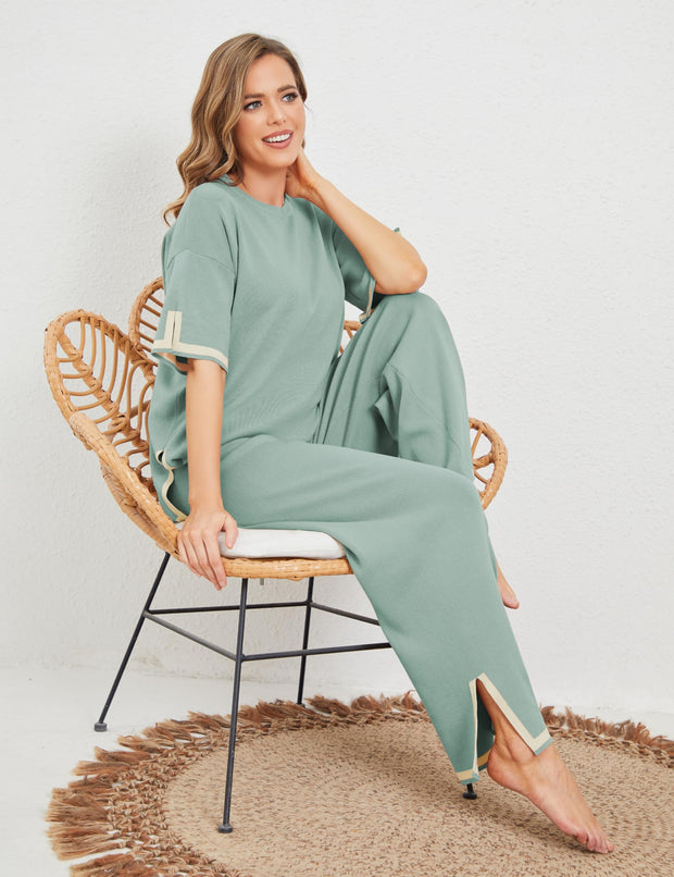 Tanming Sweater Sets Women 2 Piece Lounge Sets Short Sleeve Knit Pullover Tops Wide Leg Pants