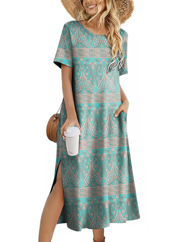 Zeagoo Women Long Sun Dress Summer T Shirt Dresses Beach Dress Casual Short Sleeve Tropical O Neck A Line Maxi Dresses Loose Side Slit Cover Up with Pockets 2025 Black XXL