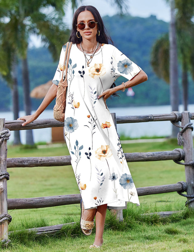 Zeagoo Women Long Sun Dress Summer T Shirt Dresses Beach Dress Casual Short Sleeve Tropical O Neck A Line Maxi Dresses Loose Side Slit Cover Up with Pockets 2025 Black XXL