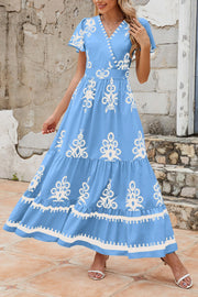 PRETTYGARDEN Womens 2025 Summer Casual V Neck Boho Maxi Dress Flowy Aline Bell Sleeve Tiered Floral Dresses with Pocket (Floral Apricot Black,X-Large)