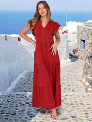 ANRABESS Womens Summer Casual Maxi Dress V Neck Ruffle Sleeve Long Dresses Fashion Flowy Tiered Boho Beach Vacation Sundress Black Large