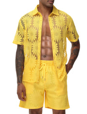 LecGee Men Summer Casual Short Sets Lace Short Sleeve Button Down Shirt Elastic Waist Shorts 2 Piece Outfits Tracksuit