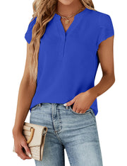 Blooming Jelly Women's Dressy Casual Tops Business Work Blouses White Button Down Shirts Cap Sleeve V Neck Tshirt