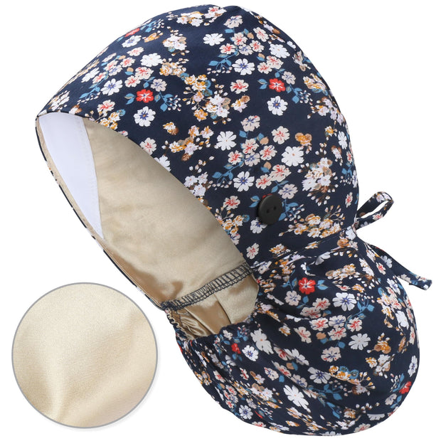 QBA Adjustable Working Cap with Button, Satin-Lined Hat, Cotton Working Hat Sweatband, Elastic Tie Back Hats Unisex