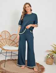 Tanming Sweater Sets Women 2 Piece Lounge Sets Short Sleeve Knit Pullover Tops Wide Leg Pants