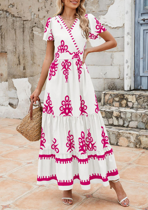 PRETTYGARDEN Womens 2025 Summer Casual V Neck Boho Maxi Dress Flowy Aline Bell Sleeve Tiered Floral Dresses with Pocket (Floral Apricot Black,X-Large)