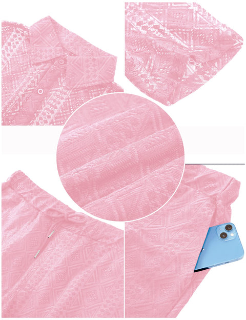 LecGee Men Summer Casual Short Sets Lace Short Sleeve Button Down Shirt Elastic Waist Shorts 2 Piece Outfits Tracksuit