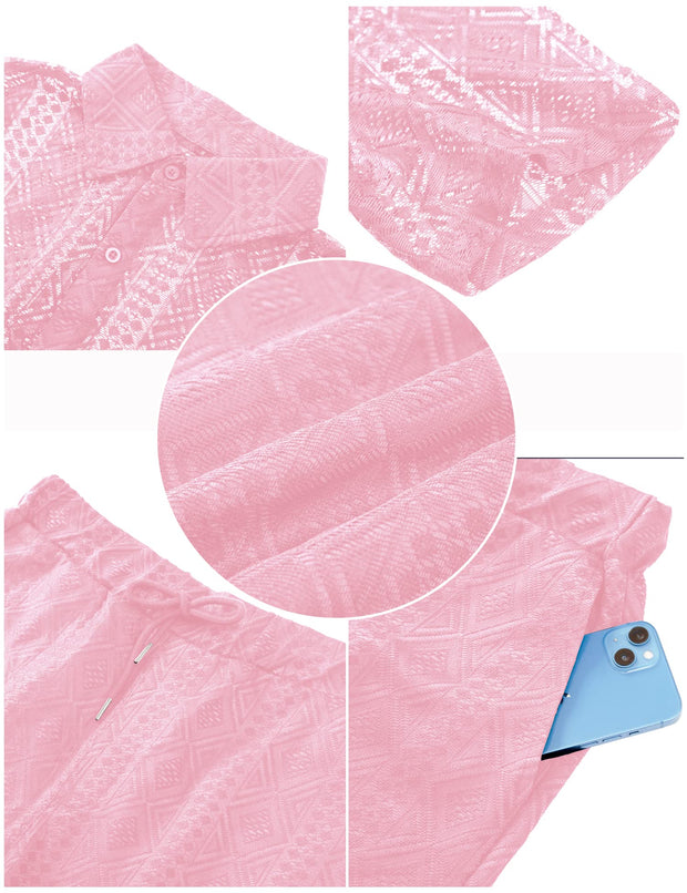 LecGee Men Summer Casual Short Sets Lace Short Sleeve Button Down Shirt Elastic Waist Shorts 2 Piece Outfits Tracksuit