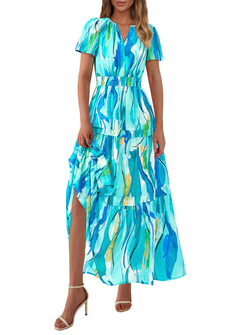 PRETTYGARDEN Women's 2025 Summer Boho Maxi Dresses Floral Short Sleeve V Neck A Line Tiered Flowy Long Beach Vacation Dress (White Pink Floral,Large)