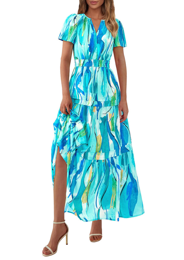 PRETTYGARDEN Women's 2025 Summer Boho Maxi Dresses Floral Short Sleeve V Neck A Line Tiered Flowy Long Beach Vacation Dress (White Pink Floral,Large)
