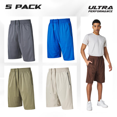 Ultra Performance Mens 5 Pack Athletic Running Shorts, Basketball Gym Workout Shorts for Men with Zippered Pockets