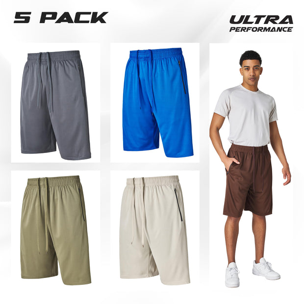 Ultra Performance Mens 5 Pack Athletic Running Shorts, Basketball Gym Workout Shorts for Men with Zippered Pockets