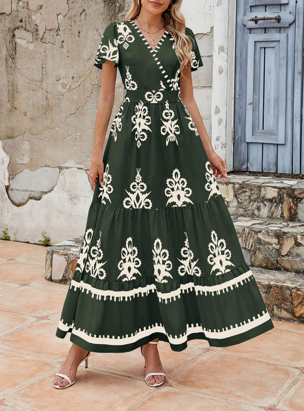 PRETTYGARDEN Womens 2025 Summer Casual V Neck Boho Maxi Dress Flowy Aline Bell Sleeve Tiered Floral Dresses with Pocket (Floral Apricot Black,X-Large)