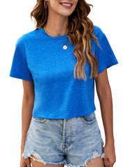 Womens Summer Crop Tops Short Sleeve Round Neck T-Shirts Loose Fit Casual Blouse