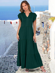 ANRABESS Womens Summer Casual Maxi Dress V Neck Ruffle Sleeve Long Dresses Fashion Flowy Tiered Boho Beach Vacation Sundress Black Large