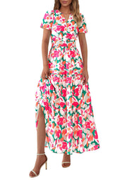 PRETTYGARDEN Women's 2025 Summer Boho Maxi Dresses Floral Short Sleeve V Neck A Line Tiered Flowy Long Beach Vacation Dress (White Pink Floral,Large)