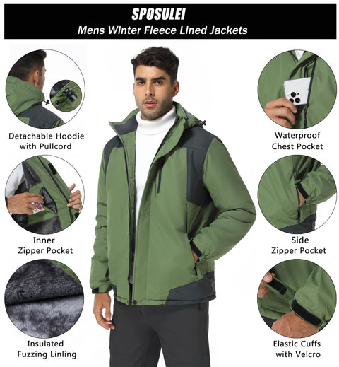 SPOSULEI Mens Skiing Jackets with Hoode Snowboarding Waterproof Fleece Liner Coats Windproof Winter Raincoat Multi Pockets