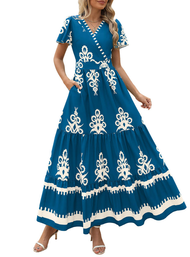 PRETTYGARDEN Womens 2025 Summer Casual V Neck Boho Maxi Dress Flowy Aline Bell Sleeve Tiered Floral Dresses with Pocket (Floral Apricot Black,X-Large)