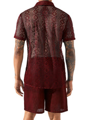 LecGee Men Summer Casual Short Sets Lace Short Sleeve Button Down Shirt Elastic Waist Shorts 2 Piece Outfits Tracksuit
