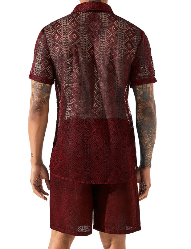LecGee Men Summer Casual Short Sets Lace Short Sleeve Button Down Shirt Elastic Waist Shorts 2 Piece Outfits Tracksuit