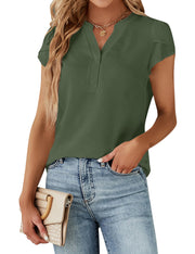 Blooming Jelly Women's Dressy Casual Tops Business Work Blouses White Button Down Shirts Cap Sleeve V Neck Tshirt