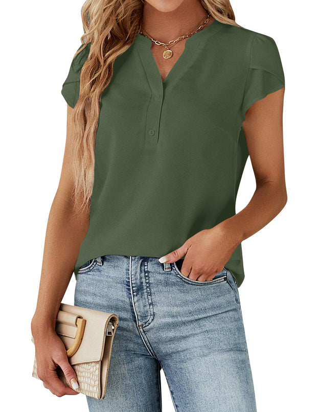 Blooming Jelly Women's Dressy Casual Tops Business Work Blouses White Button Down Shirts Cap Sleeve V Neck Tshirt