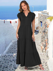 ANRABESS Womens Summer Casual Maxi Dress V Neck Ruffle Sleeve Long Dresses Fashion Flowy Tiered Boho Beach Vacation Sundress Black Large