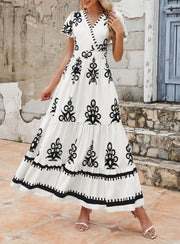 PRETTYGARDEN Womens 2025 Summer Casual V Neck Boho Maxi Dress Flowy Aline Bell Sleeve Tiered Floral Dresses with Pocket (Floral Apricot Black,X-Large)
