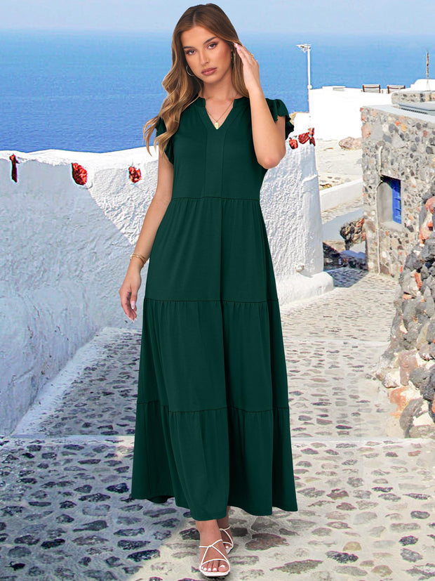 ANRABESS Womens Summer Casual Maxi Dress V Neck Ruffle Sleeve Long Dresses Fashion Flowy Tiered Boho Beach Vacation Sundress Black Large