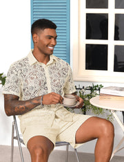 LecGee Men Summer Casual Short Sets Lace Short Sleeve Button Down Shirt Elastic Waist Shorts 2 Piece Outfits Tracksuit