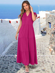 ANRABESS Womens Summer Casual Maxi Dress V Neck Ruffle Sleeve Long Dresses Fashion Flowy Tiered Boho Beach Vacation Sundress Black Large