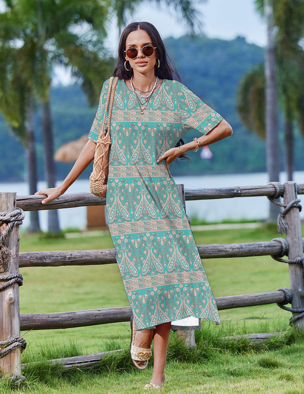 Zeagoo Women Long Sun Dress Summer T Shirt Dresses Beach Dress Casual Short Sleeve Tropical O Neck A Line Maxi Dresses Loose Side Slit Cover Up with Pockets 2025 Black XXL