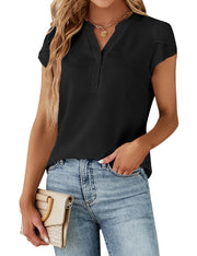 Blooming Jelly Women's Dressy Casual Tops Business Work Blouses White Button Down Shirts Cap Sleeve V Neck Tshirt