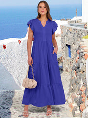 ANRABESS Womens Summer Casual Maxi Dress V Neck Ruffle Sleeve Long Dresses Fashion Flowy Tiered Boho Beach Vacation Sundress Black Large