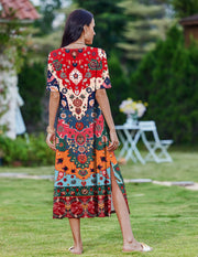 Zeagoo Women Long Sun Dress Summer T Shirt Dresses Beach Dress Casual Short Sleeve Tropical O Neck A Line Maxi Dresses Loose Side Slit Cover Up with Pockets 2025 Black XXL
