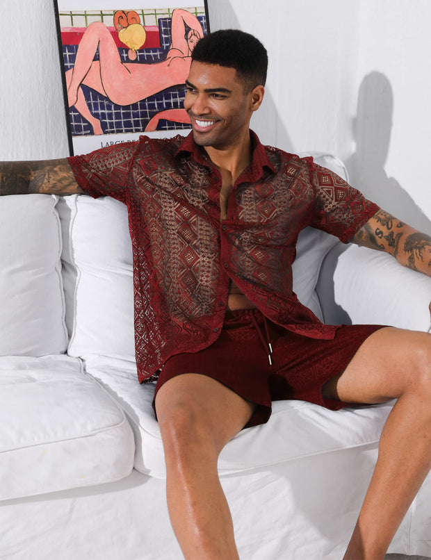 LecGee Men Summer Casual Short Sets Lace Short Sleeve Button Down Shirt Elastic Waist Shorts 2 Piece Outfits Tracksuit