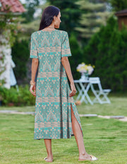 Zeagoo Women Long Sun Dress Summer T Shirt Dresses Beach Dress Casual Short Sleeve Tropical O Neck A Line Maxi Dresses Loose Side Slit Cover Up with Pockets 2025 Black XXL